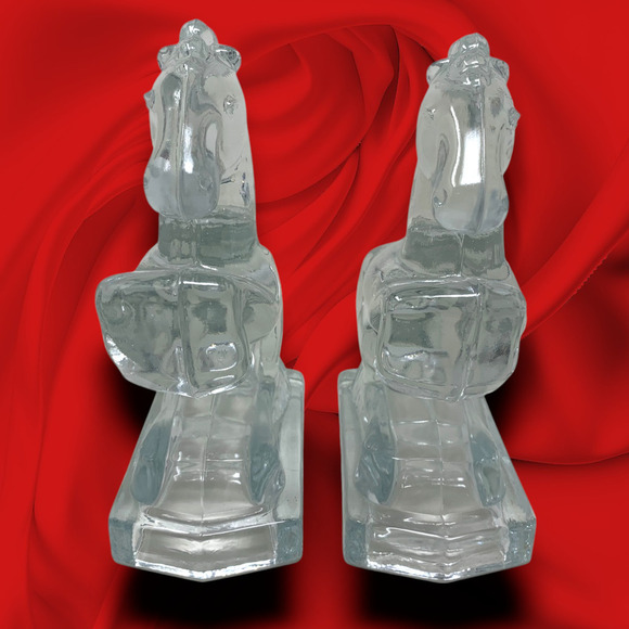 Vintage Mid Century MCM L. E. Smith Glass Horse Bookends Clear Modern Art Deco - Picture 2 of 6